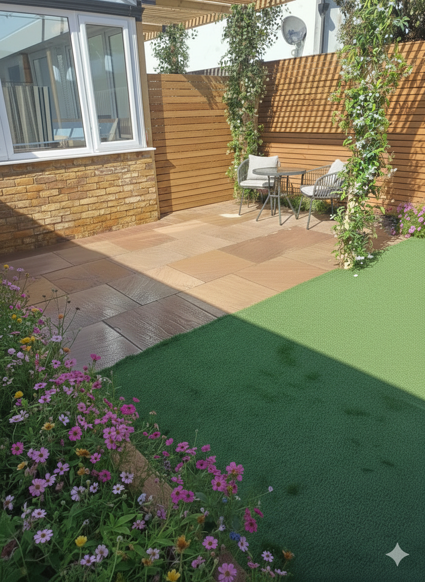 Daytime view of the custom ModBlox pergola and sandstone paved walkway
