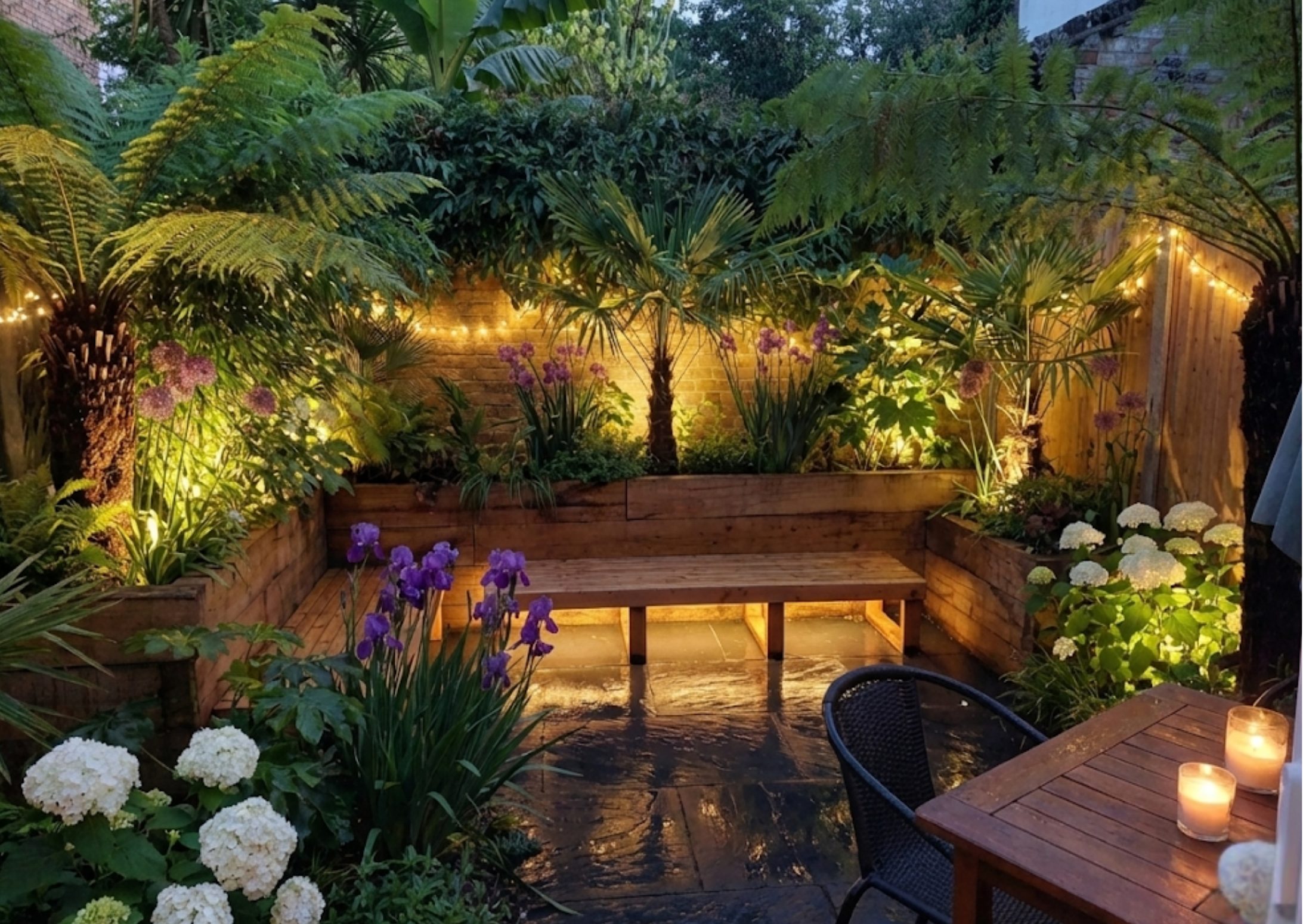 Evening view showcasing the illuminated tropical-inspired planting and seating area