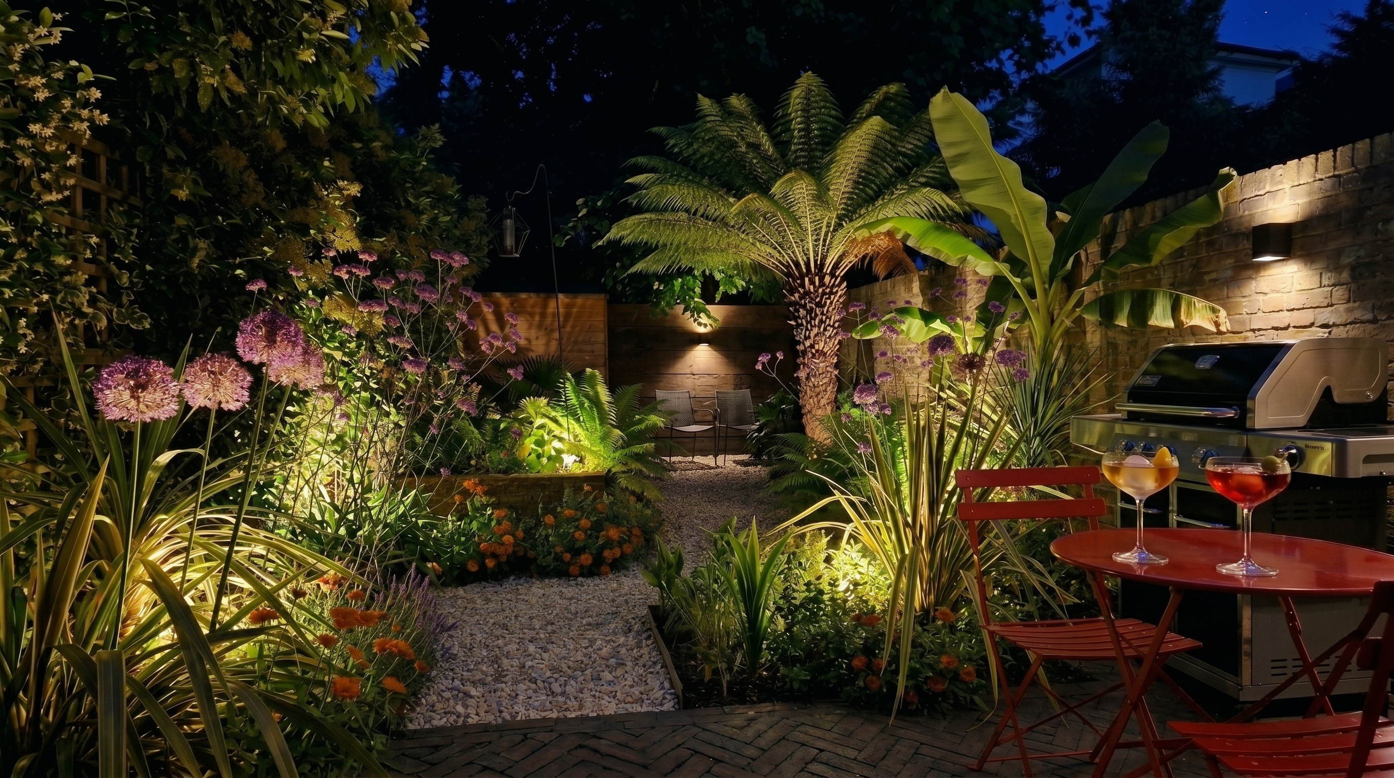 Evening view highlighting the illuminated path and exotic foliage