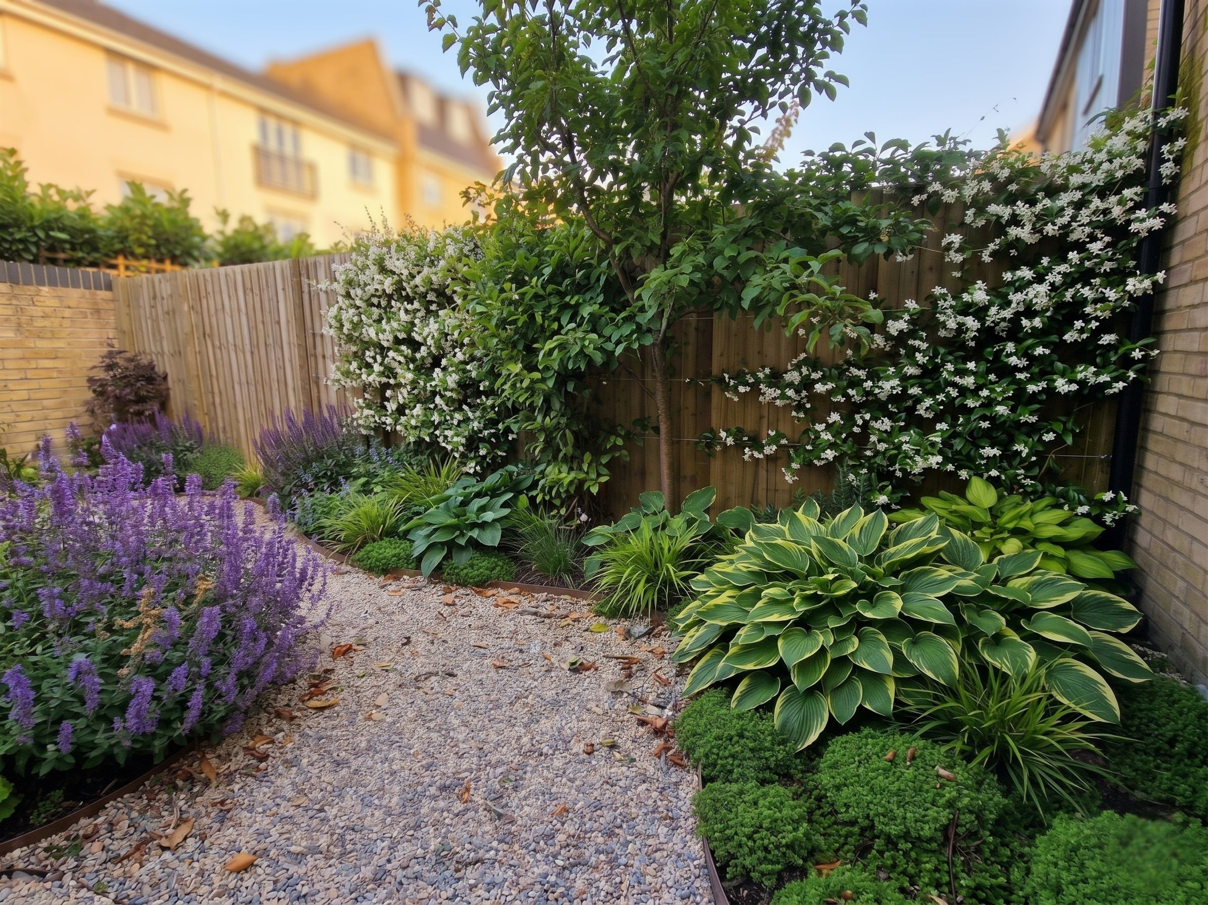 Daytime view of the Zen retreat featuring a meandering gravel path and striking Acer trees