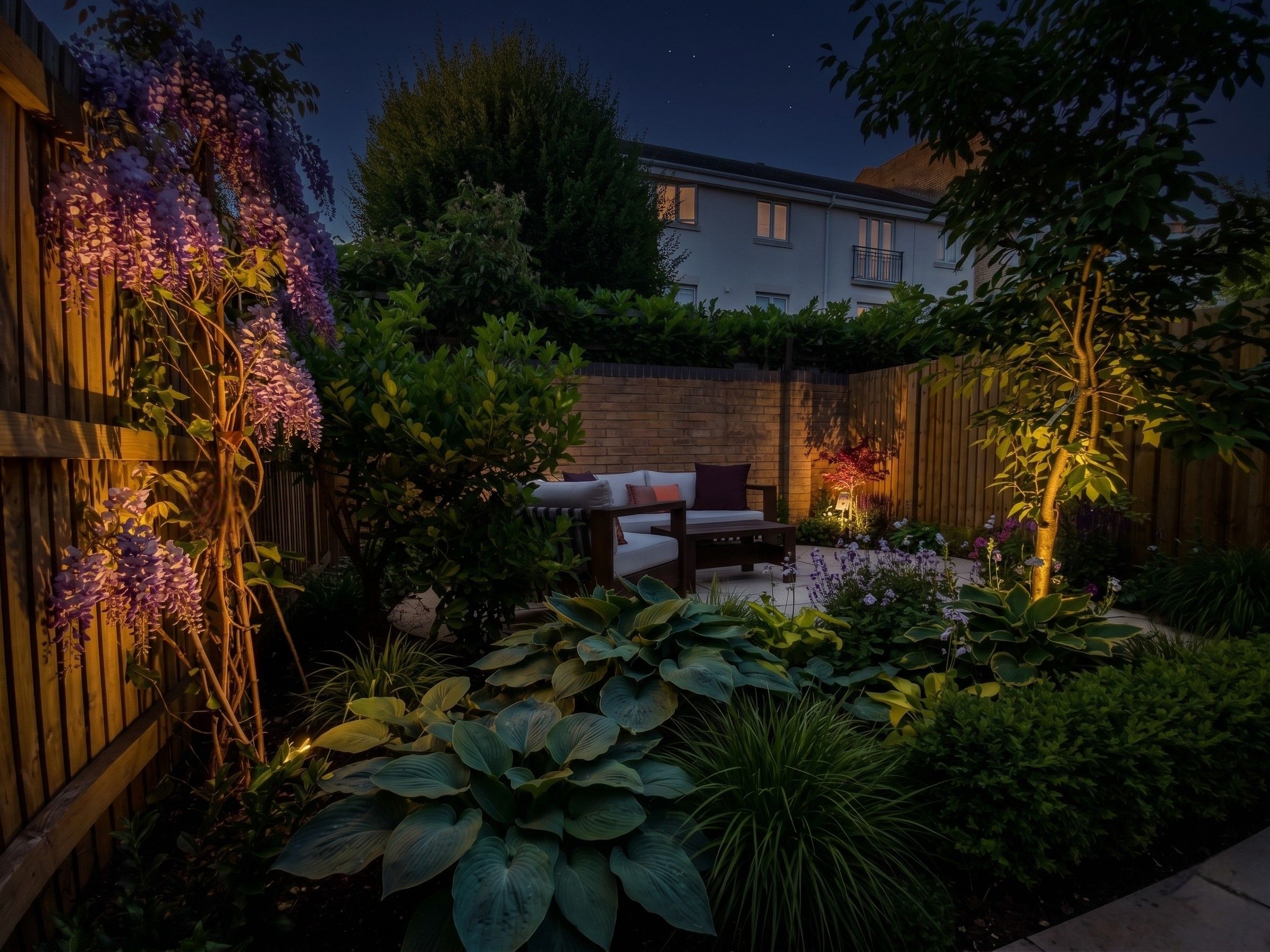 Evening view of the Japanese-inspired garden with serene nocturnal lighting