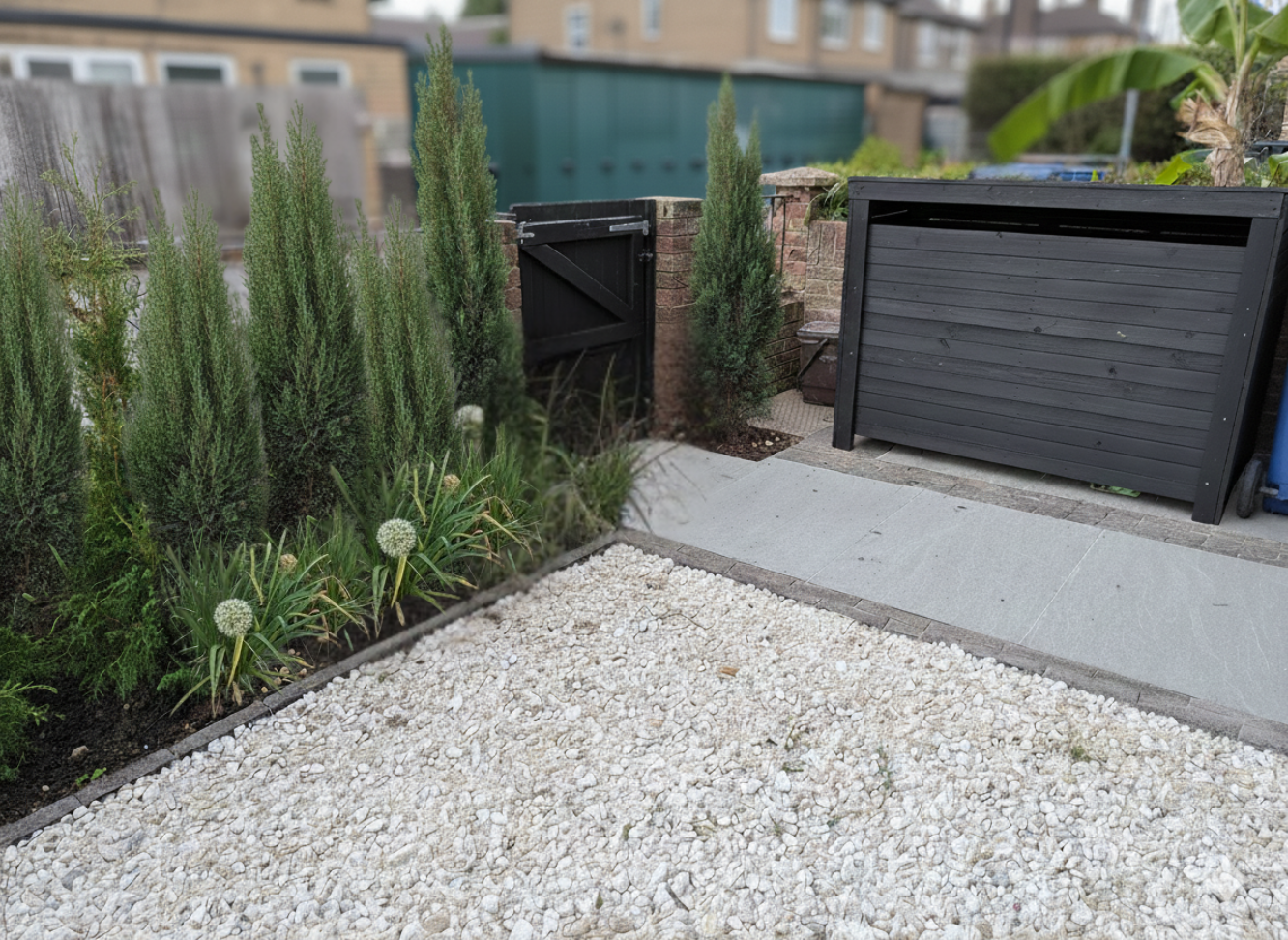 Daytime view of the urban sanctuary with Kandla Grey Porcelain and vertical planting